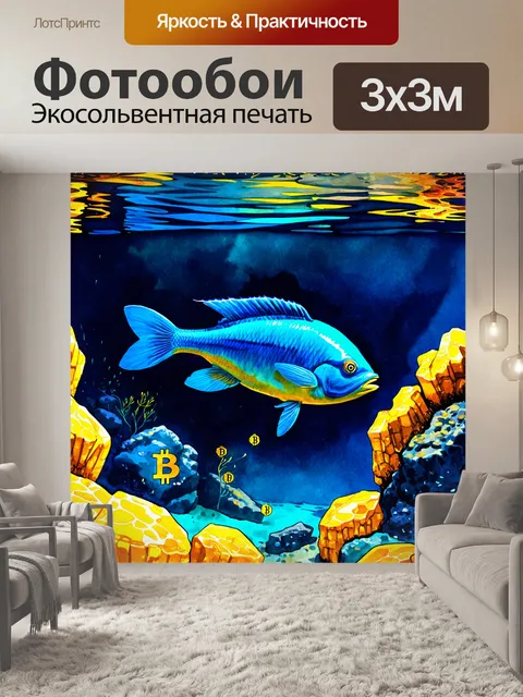 Фотообои подводный мир, полный золотых минералов, сияющих на фоне темно-синей воды, с большими ярко-голубыми рыбами…