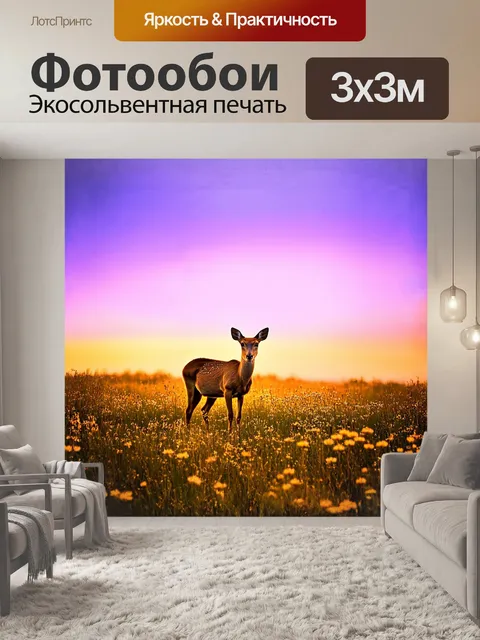 Фотообои на закате косуля мирно поедает траву на лугу, окружённого цветущими дикими цветами и высокими травами