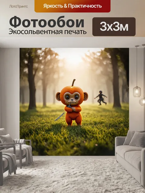 Фотообои чебурашка, обнимающий свой любимый фрукт - апельсин, стоит на зелёной полянке, окутанной утренним туманом