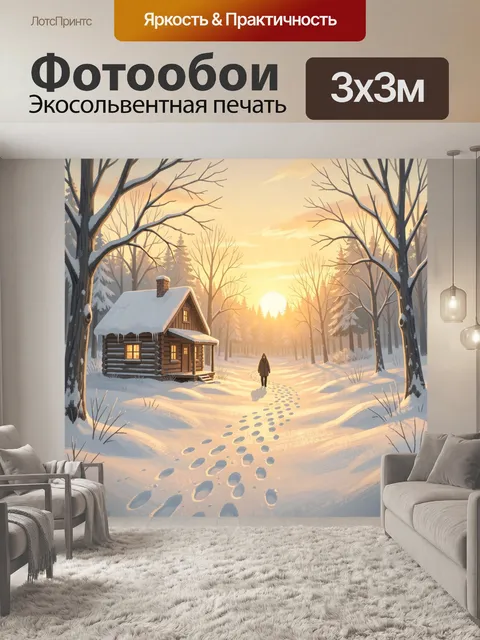 Фотообои Зимний лес с домиком и путником