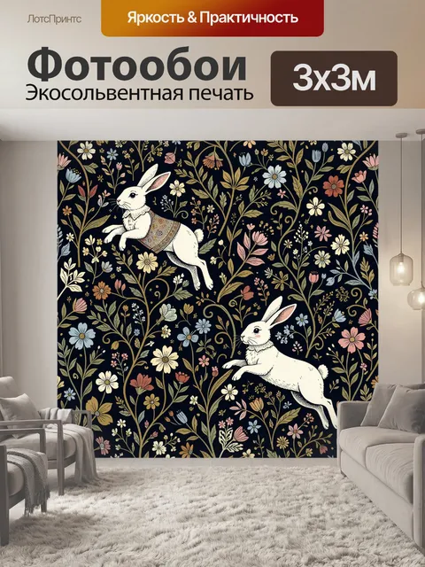 Фотообои Белые кролики среди цветов
