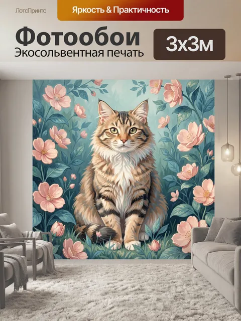 Фотообои Кот с пушистыми усами среди цветов