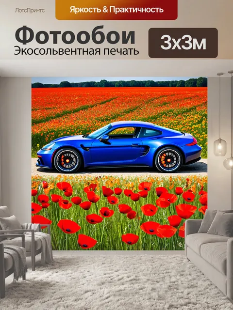 Фотообои спортивный автомобиль на фоне поля маков