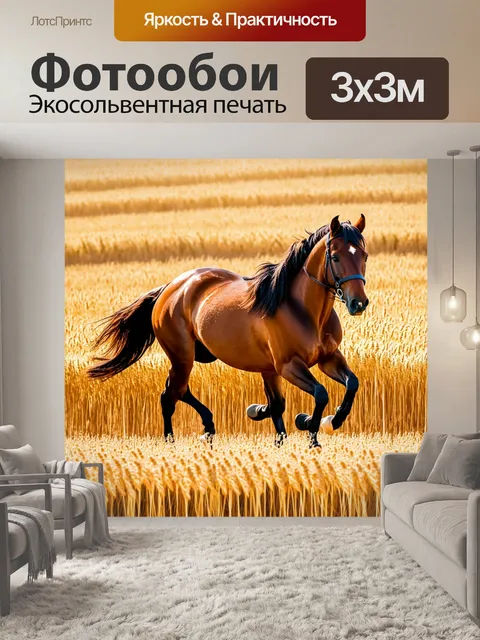 Фотообои лошадь, скачущая по полю с золотыми колосьями