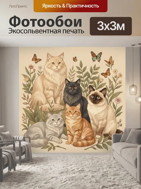 Фотообои Коты среди цветов и бабочек