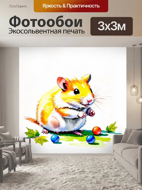 Фотообои акварельный рисунок хомячка, играющего с маленькими шариками