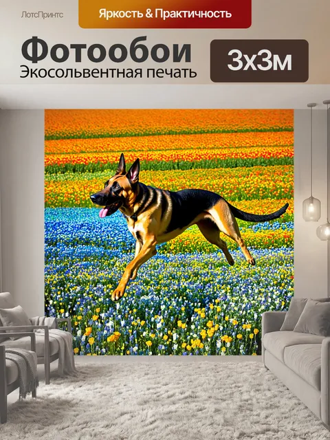 Фотообои мгновение, когда малинуа падает в воздухе, среди лоскутного поля ярких цветов, изображенное в стиле коллажа