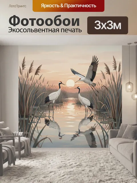 Фотообои Журавли в камышах на закате