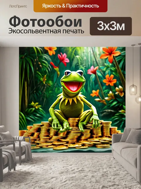 Фотообои мгновенный момент, когда кермит, лягушка, сидит на куче золотых монет, с улыбкой рассматривая свои богатства