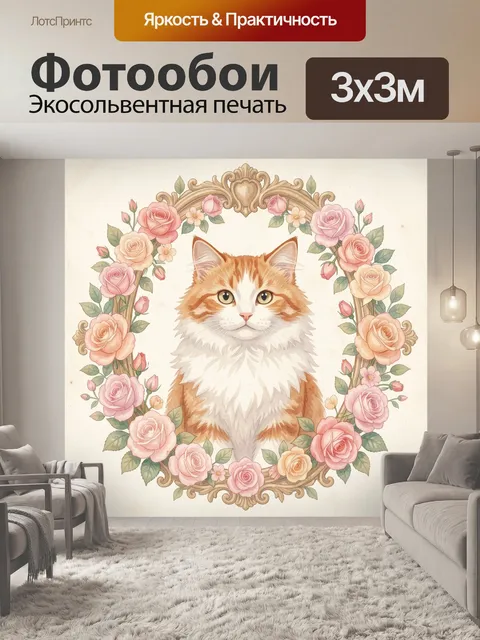 Фотообои Рыжий кот в цветочном венке