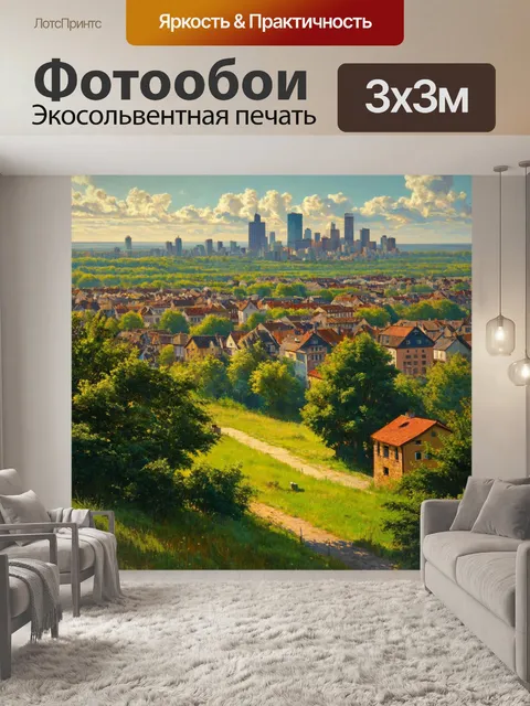 Фотообои город в стиле джордж иннесс, густая зелень вокруг города, традиционные дома, гармония природы и архитектуры