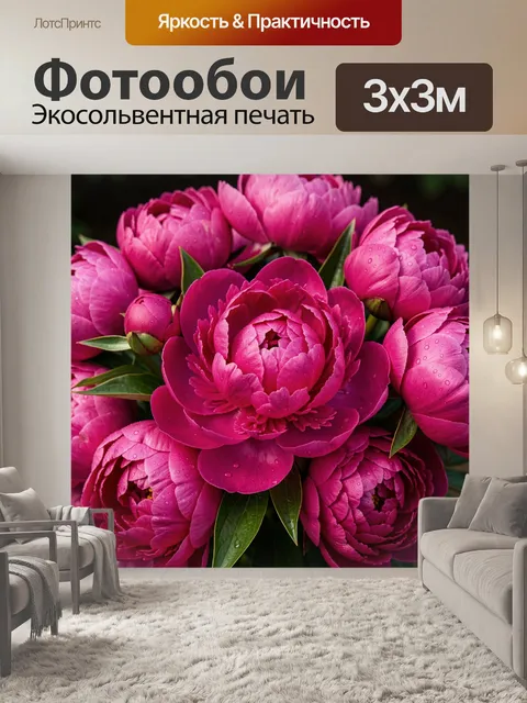 Фотообои Яркие розовые пионы с росой