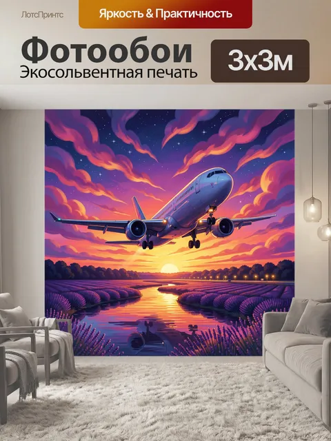 Фотообои Самолёт над закатным пейзажем