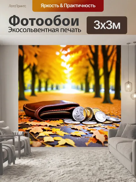 Фотообои сцена, в которой рубли выпадают из старинного кожаного кошелька на фоне погруженного в осеннюю листву парка