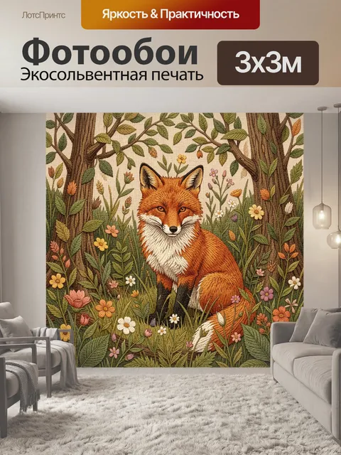 Фотообои Рыжая лиса среди лесных трав