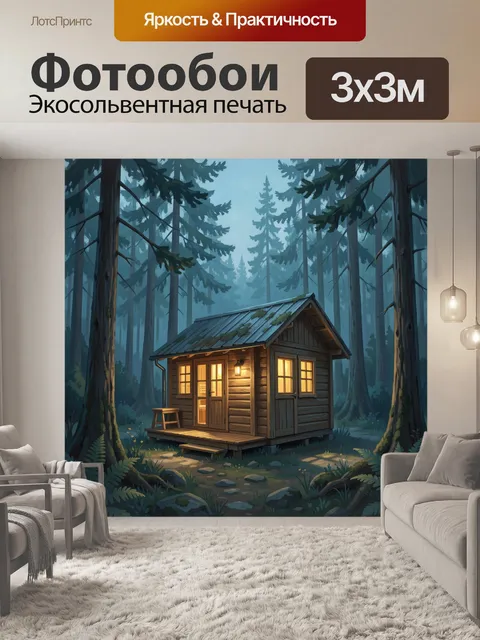 Фотообои Уютная избушка среди хвойного леса