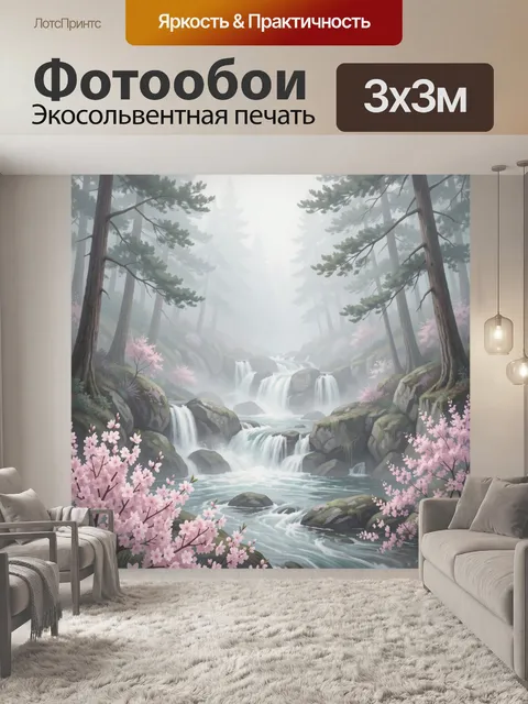 Фотообои Водопады в туманном лесу