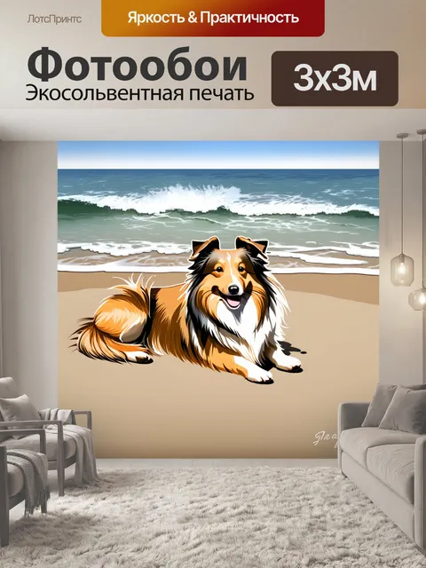 Фотообои шелти, лежащий на пляже, где его шерсть колышется на ветру, а волны накатываются на берег