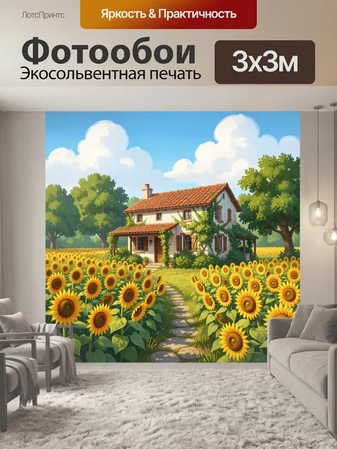 Фотообои Дом среди подсолнухов
