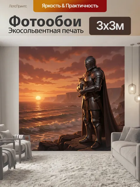Фотообои Рыцарь с котом на закате