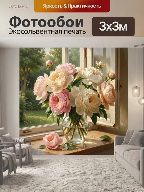Фотообои Пионы у окна в вазе