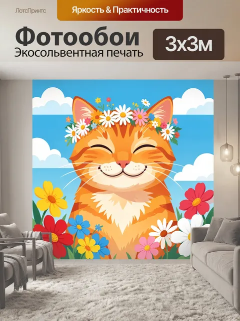Фотообои Рыжий кот с венком из цветов