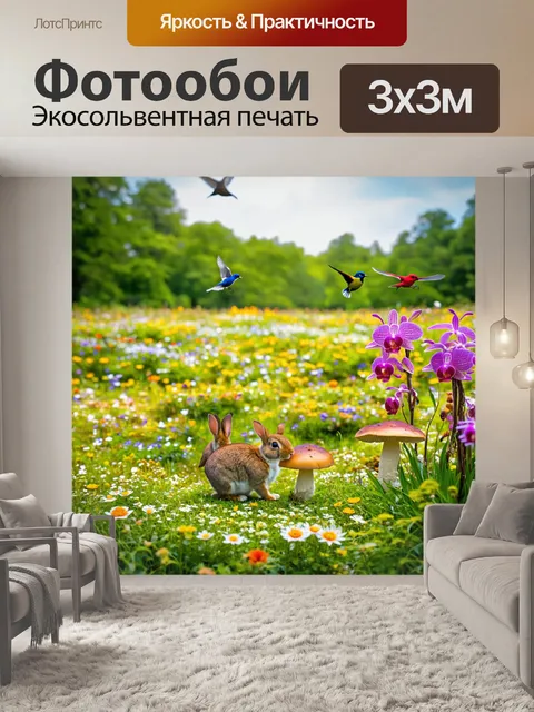 Фотообои поляна, утопающая в цветах, где растут редкие орхидеи и съедобные грибы, с зайцами, играющими между…