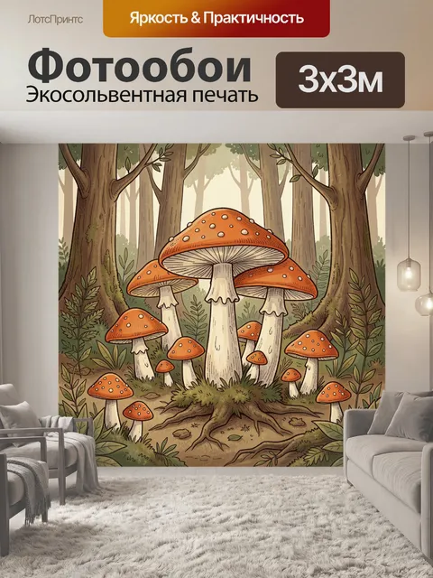 Фотообои Грибы в лесу среди деревьев