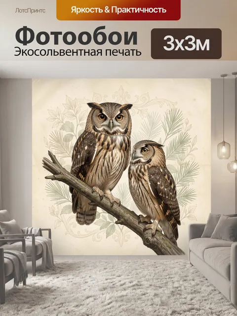 Фотообои Две лесные совы на ветке