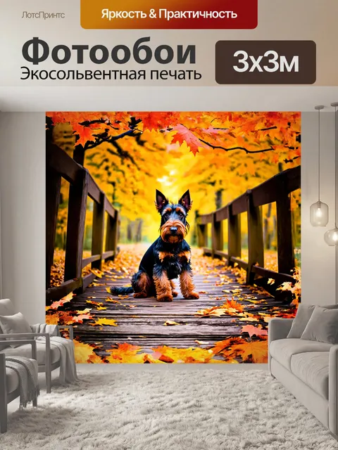 Фотообои шотландский терьер, сидящий на старом деревянном мосту, окруженный яркими осенними листьями, которые падают…