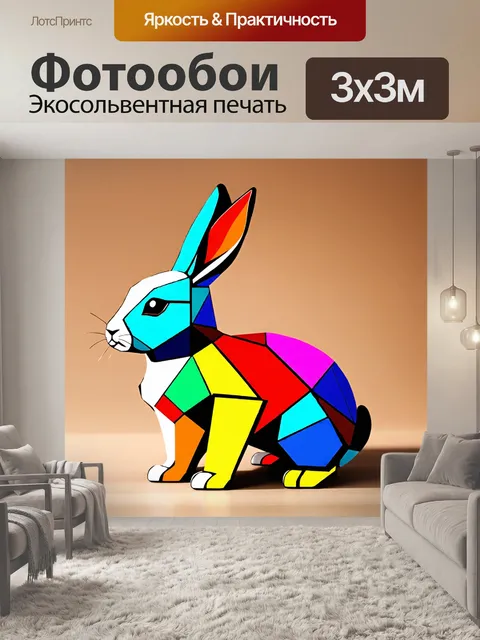 Фотообои животные в стиле кубизм, кролик, созданный из лоскутков цвета, его уши и хвост выполнены в абстрактной манере