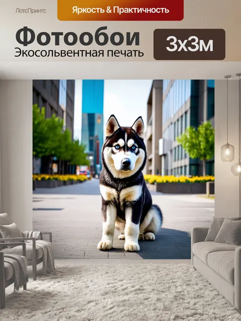 Фотообои хаски в городской обстановке на фоне современных зданий