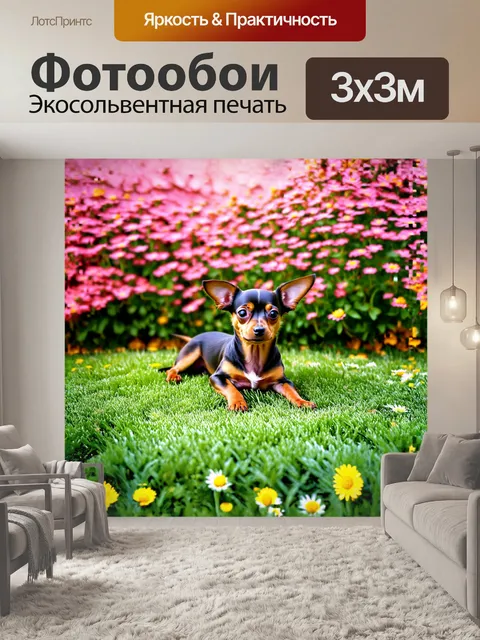 Фотообои маленькая собака, милый пинчер, лежит на мягком, зеленом травяном покрытии, окруженная яркими цветами