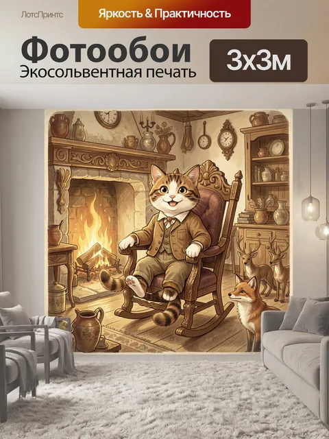 Фотообои Кот в уютной гостиной у камина