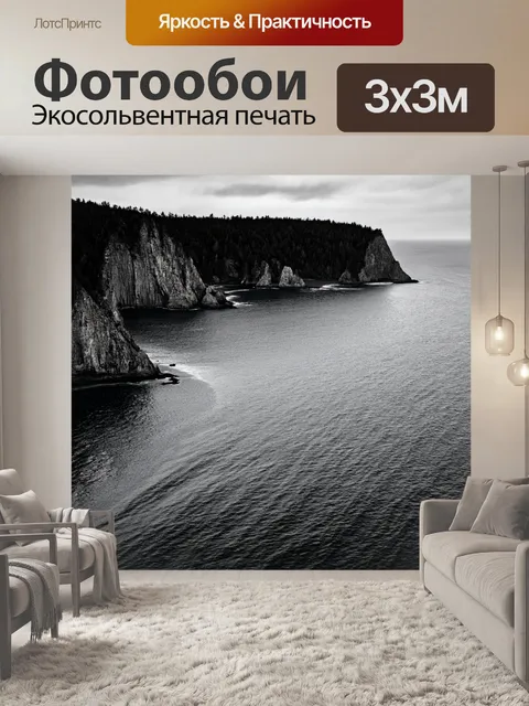 Фотообои море в стиле черно-белый, с побережьем, окруженным высокими скалами и густыми лесами