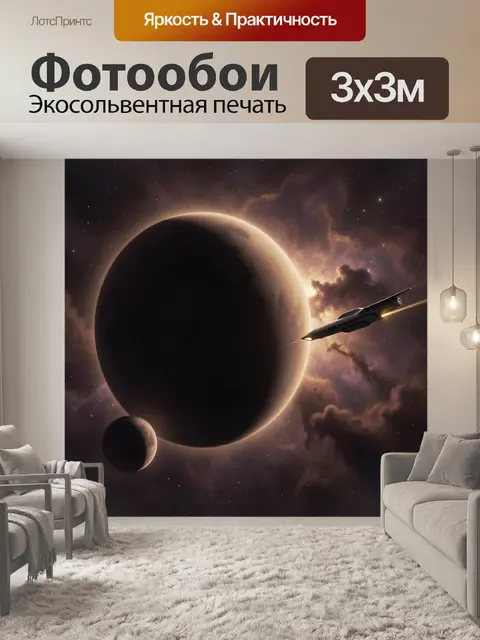 Фотообои Космический корабль у темной планеты
