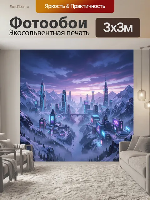 Фотообои Неоновый мегаполис среди гор