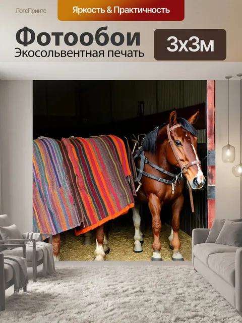 Фотообои винтаж: конюшня с винтажными лошадьми, накрытыми цветными пледами, и старинными инструментами