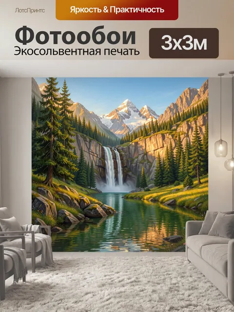 Фотообои Горный водопад среди елей