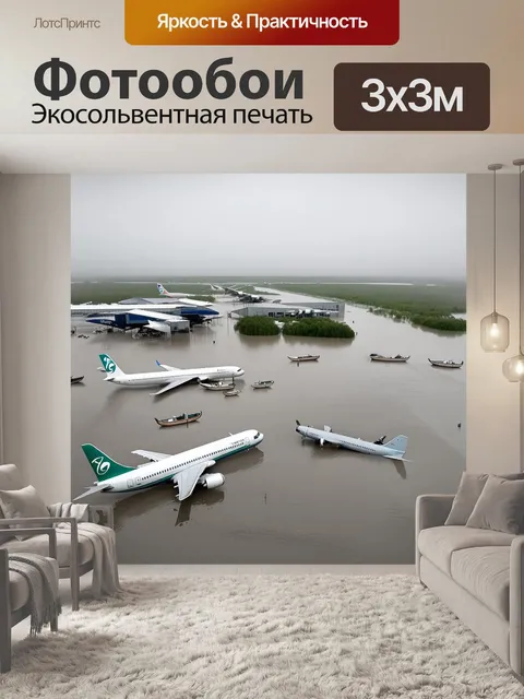 Фотообои промт: "затопленный аэропорт после сильного наводнения