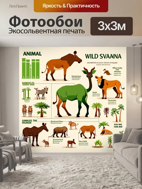 Фотообои животные в стиле инфографический рисунок с дикими животными саванны