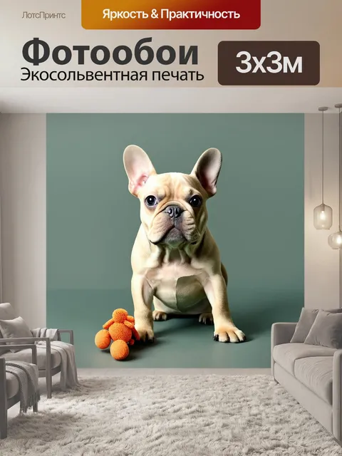 Фотообои очаровательный французский бульдог, позирующий с игрушкой в стиле минимализма, на фоне однотонного цвета