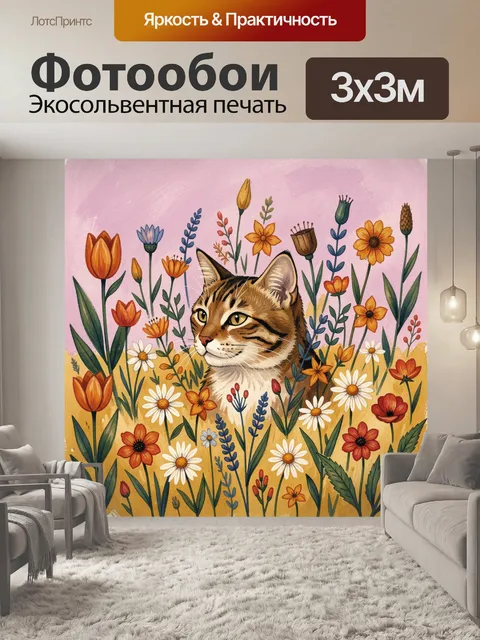 Фотообои Кот среди луговых цветов