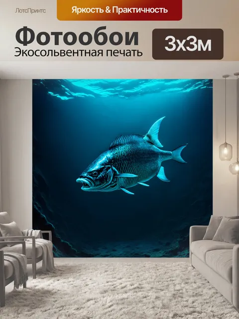 Фотообои огромная рыба-убийца, всплывающая из глубин океана, с таинственным светом, исходящим от её чешуи