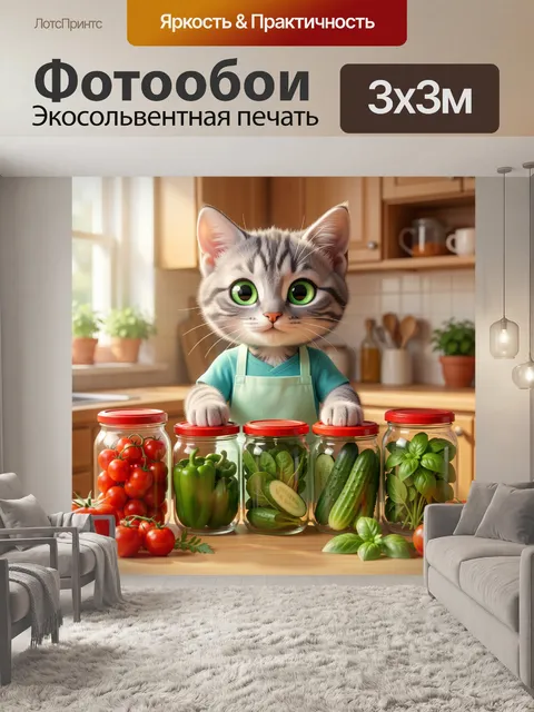 Фотообои Кот на кухне с овощами