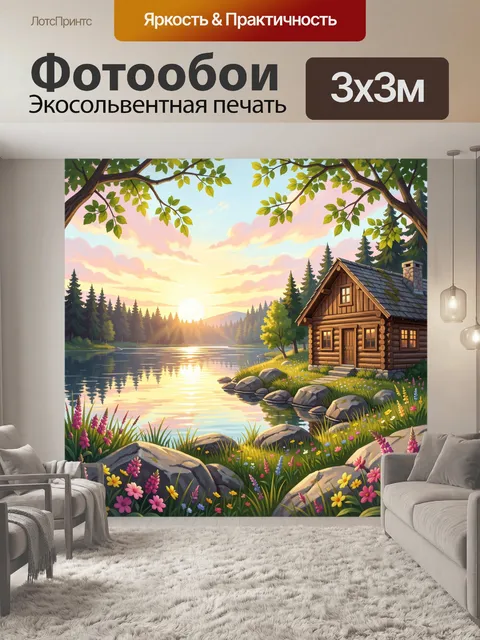 Фотообои Домик у лесного озера на закате
