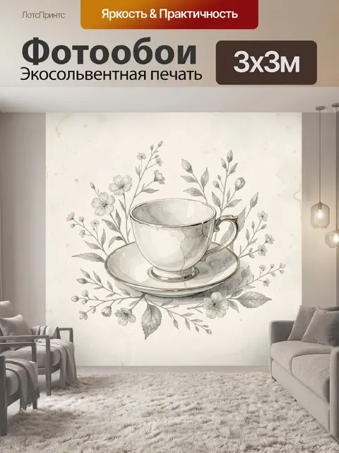 Фотообои Винтажная чашка с цветочными ветвями
