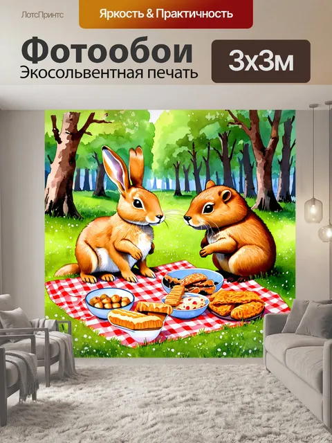 Фотообои заяц и бобровая семья, устраивающие пикник в лесу с разнообразными угощениями
