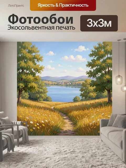Фотообои Летний пейзаж с озером и деревней