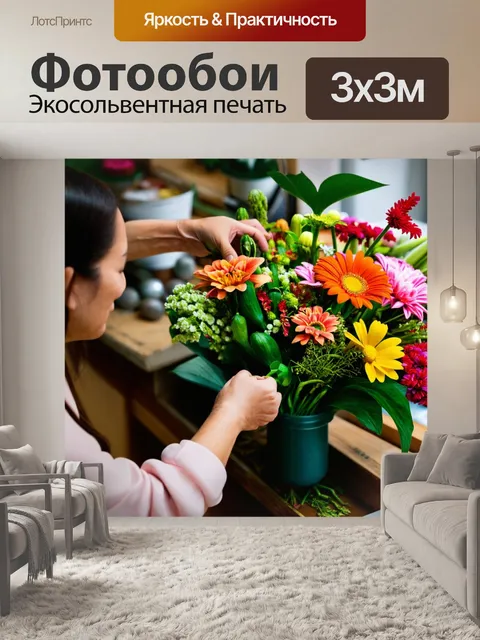 Фотообои изобразите флориста, создающего изысканный букет в своей мастерской, окружённой яркими цветами и зелёными…
